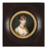 Portrait de jeune femme au collier de perles noires en robe blanche et cachemire jaune brodé by Jean-Baptiste Couvelet, Aquarelle et gomme arabique sur ivoire, de forme ronde, sold Nov 2024