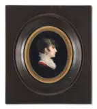 Portrait de jeune femme de profil vers la droite en robe rouge avec collerette blanche by Charles Guillaume Alexandre Bourgeois, Aquarelle et gomme arabique sur ivoire, de forme ovale, sold Nov 2024