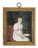 Portrait de jeune femme tenant une lettre, assise sur une chaise Empire recouverte d’un manteau rouge by Marie Nicolas Ponce-Camus, Aquarelle et gomme arabique sur ivoire, sold Nov 2024