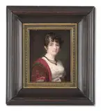 Portrait de jeune femme au cachemire rouge brodé, un collier triple rang avec un pendentif en forme de cœur, by Charles Guillaume Alexandre Bourgeois, Aquarelle et gomme arabique sur ivoire, sold Nov 2024