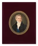 Portrait d’homme, dit le duc de Duras, en habit gris foncé portant le cordon bleu de l’ordre royal du Saint-Esprit, inachevé by Lizinska de Mirbel, Aquarelle et gomme arabique sur ivoire, de forme ovale, sold Nov 2024