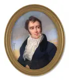Portrait d’homme en habit bleu foncé à col de velours noir et jabot blanc by Nicolas Jacques, Aquarelle et gomme arabique sur ivoire, de forme ovale, sold Nov 2024