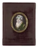 Portrait de femme en robe verte bordée de fourrure by Jean-Baptiste Singry, Aquarelle et gomme arabique sur ivoire, de forme ovale, sold Nov 2024
