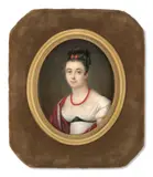 Portrait de jeune femme en robe blanche au collier de corail et cachemire rouge brodé by Louis-Marie Autissier, Aquarelle et gomme arabique sur ivoire, de forme ovale, sold Nov 2024