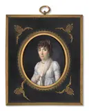 Portrait de jeune femme en robe blanche tenant son châle en cachemire blanc dans la main droite by Frédéric Dubois, Aquarelle et gomme arabique sur ivoire, de forme ovale, sold Nov 2024