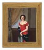 Portrait de jeune femme debout à la robe rouge et au châle cachemire vert devant un rideau à franges by Anthelme-François Lagrenée, Aquarelle et gomme arabique sur ivoire, sold Nov 2024