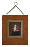 Portrait de jeune femme en robe noire, assise sur un fauteuil rouge by née Jaser Marie-Marguerite-Françoise Rouchier, Aquarelle et gomme arabique sur ivoire, sold Nov 2024