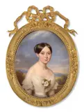 Portrait de jeune fille en buste de trois-quarts à la robe blanche ornée de roses dans un paysage arboré by François Meuret, Aquarelle et gomme arabique sur ivoire, de forme ovale, sold Nov 2024