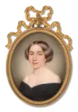 Portrait d'une jeune femme portant une robe noire avec bord en dentelle blanche by Louis Henri de Fontenay, Aquarelle et gomme arabique sur ivoire, de forme ovale, sold Nov 2024