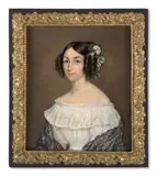 Portrait présumé de Marie Duplessis, comtesse de Perregaux (1824-1847), modèle de 'La Dame aux Camélias’ en robe blanche by Auguste-Joseph Carrier, Aquarelle et gomme arabique sur ivoire, sold Nov 2024