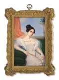 Portrait de jeune femme en robe blanche assise sur un divan à coussin vert, écrivant une lettre by Flavien-Emmanuel Chabanne, Aquarelle et gomme arabique sur ivoire, sold Nov 2024