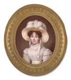 Portrait de femme en robe blanche portant un chapeau orné de plumes by François Meuret, Aquarelle et gomme arabique sur ivoire, de forme ovale, sold Nov 2024