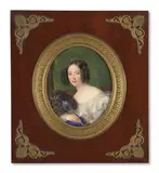 Portrait de jeune femme à l’éventail de plume de paon, dite Mademoiselle Dejazet by Jules Vernet, Aquarelle et gomme arabique sur ivoire, de forme ovale, sold Nov 2024