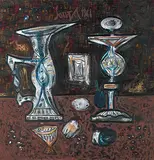 Still Life with Fruit by F. N. Souza, Oil on printed fabric, offered Mar 2012