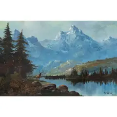 Untitled (Stag by a Mountain Lake) by John Fery, oil on board, sold May 2026