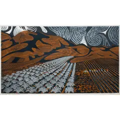 Landscape near Half Moon Bay," circa 1950s by Emmy Lou Packard, linocut on japon paper, sold May 2026