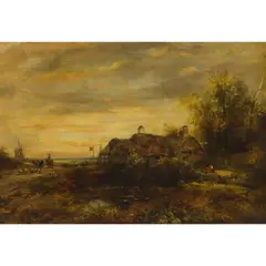 Drovers with Cattle by a Thatched Farmhouse and Windmill at Dusk by Frederick William Watts, oil on canvas laid down on masonite, sold May 2026