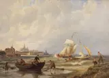 Fisherfolk along the coast and Shipping on a calm sea by William Dommersen, 1889, oil, sold Dec 2015