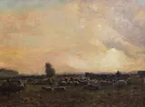 Sheep in a meadow at sunset by James William Buxton Knight, oil on canvas, sold Dec 2015