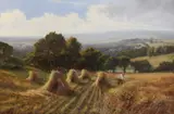Harvester in a cornfield on the South Downs by Edmund George Warren, oil on canvas, sold Dec 2015