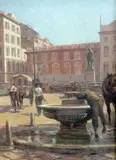 Piazza with figures at a fountainsigned,19.75 x 14.25in by Alessandro Viazzi, oil on board, sold Dec 2015