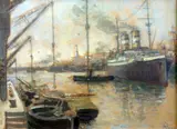 Port scene with steam ship and barges in the foreground by Alessandro Viazzi, oil on board, sold Dec 2015