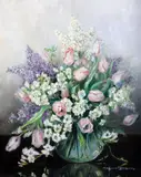 Spring flowers in a glass vase by Marion Broom, oil on canvas, sold Dec 2015
