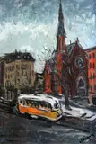 Street scene with trolley bus by Alex Tschernjawski, oil on canvas, sold Dec 2015