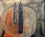 Still life of two bottles on a table top by Sadanand Bakre, oil on canvas, sold Dec 2015