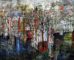 Cityscape by Sadanand Bakre, oil on board, sold Dec 2015