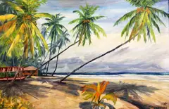 Beach scene, Trinidad by Edwin Hingwan, oil on canvas, sold Dec 2015