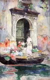 Venetian flower seller's barge by David Woodlock, watercolour, sold Dec 2015