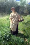 Woman carrying a basket in a meadow,monogrammed,14.5 x 9.5in by Percy Tarrant, watercolour, sold Dec 2015