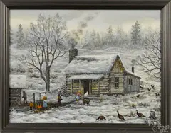 winter landscape with a family around a log cabin by Rosa Brooks Beason, oil on board, sold Sep 2014