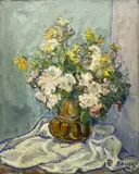 Still Life with Yellow Daisies and Peonies by Albert Bela Bauer, oil on canvas, sold Feb 2024
