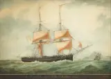 Le brick goélette Léopold capitaine Gilles le Walton sous voiles réduites by Antoine Roux, 1821, Aquarelle, sold Dec 2021
