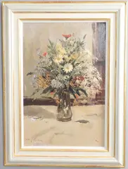 Still Life Of Flowers In A Glass Vase by Roy Petley, oil on board, sold Oct 2026