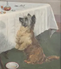 A Begging Cairn Terrier Before A Dining Table by Clement Burlison, Oil on canvas, sold Oct 2026