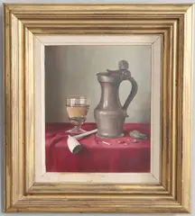 Still Life Of A Pewter Tankard, A Glass Of White Wine A Clay Pipe And Nut by James Noble, oil on canvas, sold Oct 2026