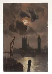 'The Moonlit River, West' A View Of Westminster Bridge With The Palace Of Westminster Beyond by George Hyde Pownall, oil on board, sold Oct 2026