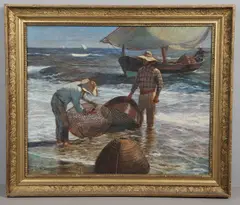 Mediterranean Coastal Scene With Fishermen Unloading Their Boats by Joaquín Sorolla, oil on canvas, sold Oct 2026