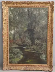 Wooded River Landscape With A Kingfisher Resting On Branch In The Foreground by Edward Wilkins Waite, oil on canvas, sold Oct 2026