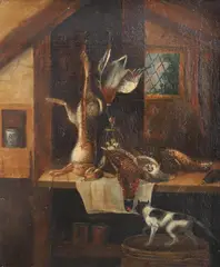 Larder Scene Dead Game, A Cat In The Foreground by Benjamin Blake, oil on canvas, sold Oct 2026