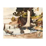Lakeside View with Sailboat and Riggers by Fred Sorrell Jr., Watercolor on paper, sold Apr 2021