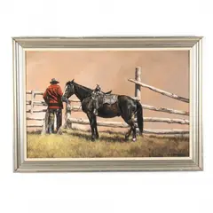 Blackie at the Gate by Jack McLean, Oil on board, sold Apr 2021