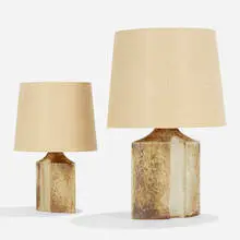 Table lamps, set of two by Haico Nitzsche, c. 1970, glazed stoneware, linen shades, sold Apr 2022
