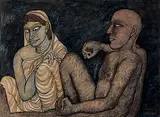 Man and Woman by Jogen Chowdhury, Ink and pastel on paper pasted on board, sold Jun 2011
