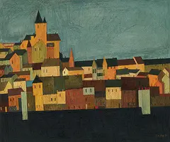 Carcassonne by S. H. Raza, Gouache, oil crayon and ink on paper pasted on board, sold Jun 2011