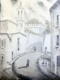 Street scene by Élie Lascaux, pencil and watercolour, sold Dec 2015