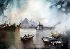Harbour scene by Orhan Gurel, watercolour, sold Dec 2015